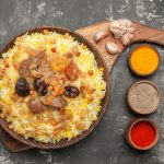 top close-up view spices colorful spices pilaf on the board garl