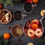 Christmas mulled wine and spices. Christmas background. Flat lay