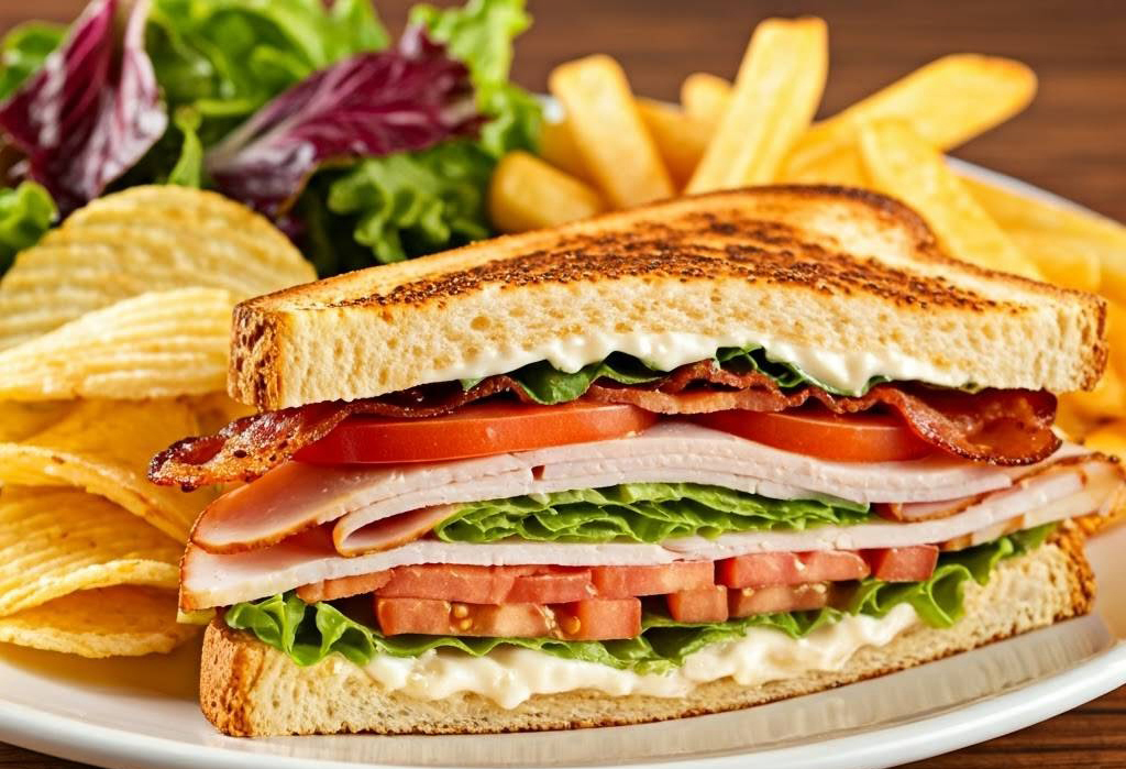 A delicious and easy-to-make classic club sandwich layered with turkey, crispy bacon, lettuce, tomato, and mayo, perfect for a satisfying lunch.