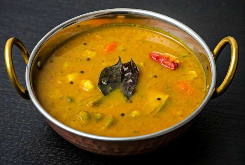 Sambar is a hearty, tangy, and flavorful lentil stew made with toor dal (pigeon peas), tamarind, aromatic spices, and mixed vegetables.