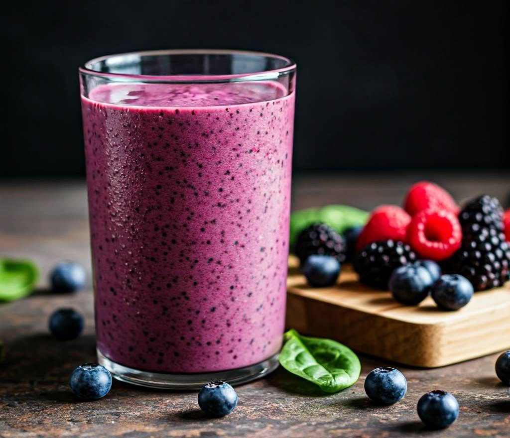 Berry Protein Smoothie: A refreshing and protein-rich blend of mixed berries, Greek yogurt, almond milk, almond butter, and oats.