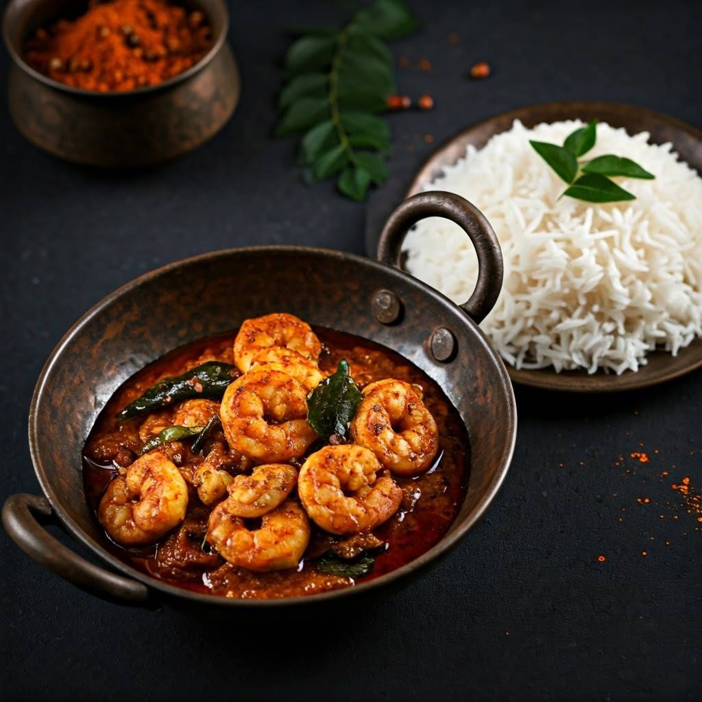 Chemmeen Theeyal is a flavorful Kerala-style prawn curry made with roasted coconut, tamarind, and spices. It has a rich, tangy, and slightly spicy taste, perfect to pair with rice or Kerala parotta.