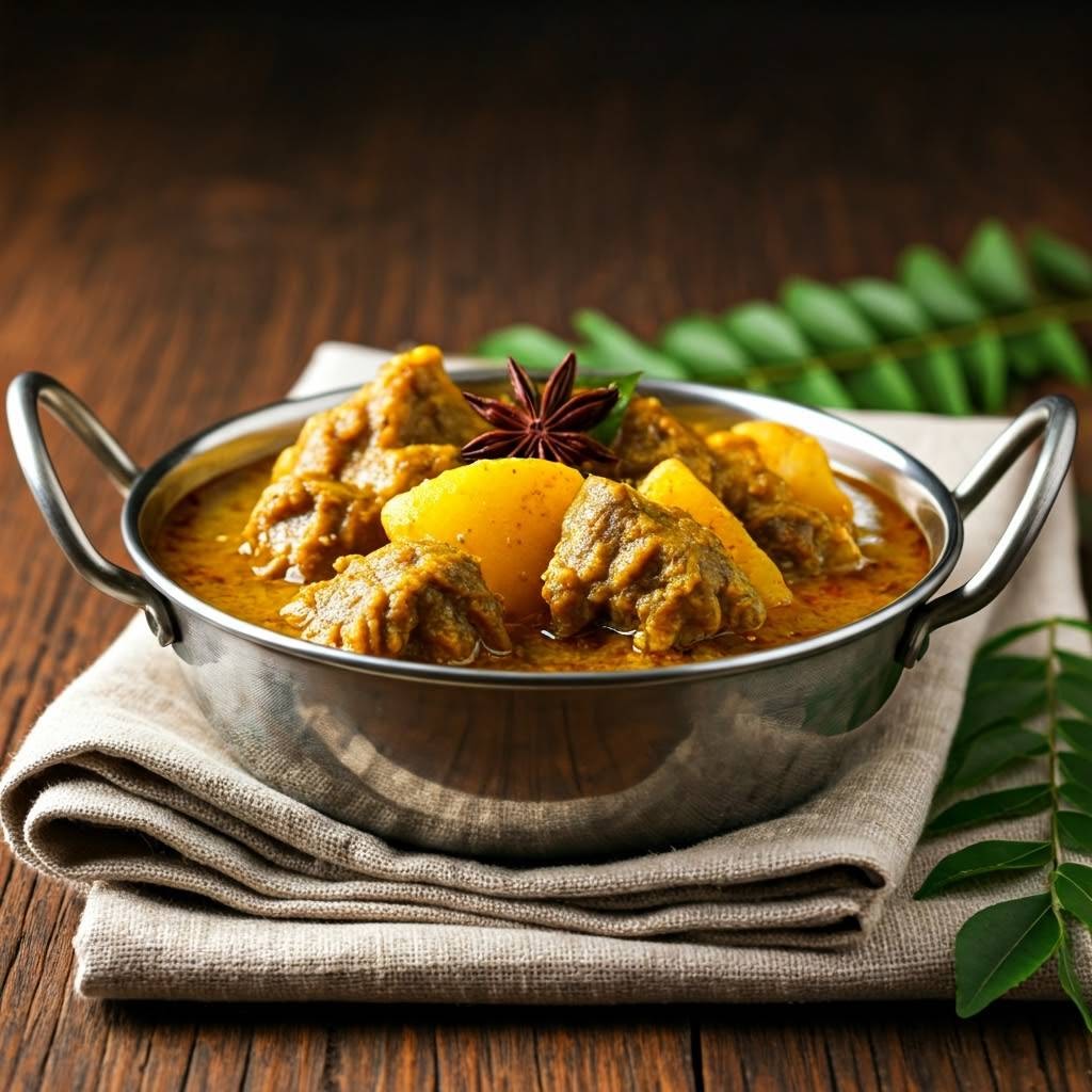 A rich and flavorful Kerala-Style Mutton and Potato Curry, slow-cooked with aromatic spices, tender mutton, and creamy coconut milk. Perfectly pairs with rice, appam, or parotta for a comforting meal.