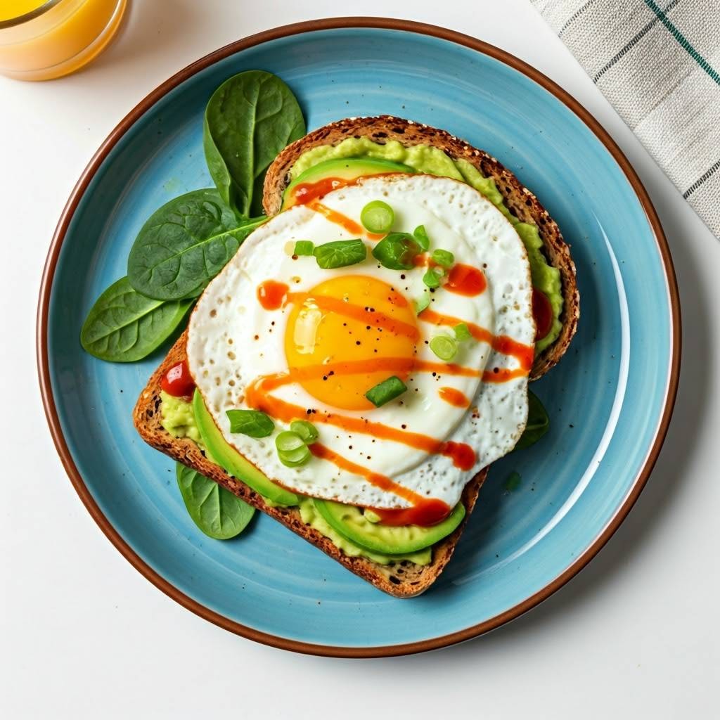 A simple and nutritious breakfast with mashed avocado on whole wheat toast, topped with eggs. Perfect for a quick, healthy start to your day.