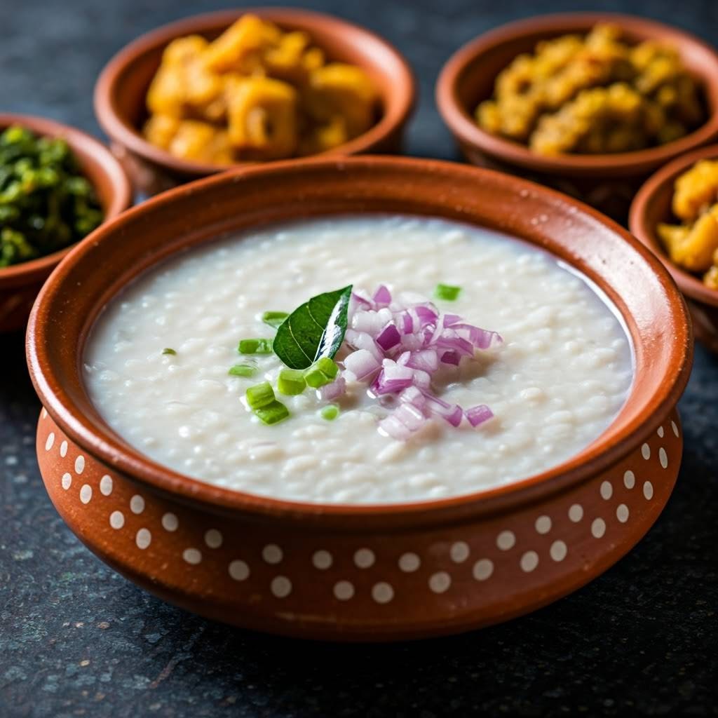 Pazham Kanji is a refreshing, probiotic-rich meal enjoyed with fish curry, buttermilk_pungus kitchen (1)