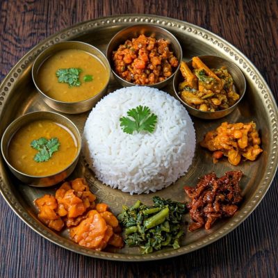 Dal Bhat served with steamed rice and a flavorful tempering.