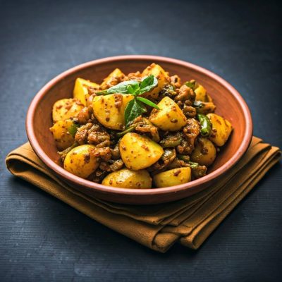 Nepali Potato Pickle, made with mustard oil, sesame seeds, and spices.