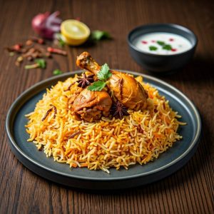 A plate of flavorful Chicken Biryani with basmati rice and spices