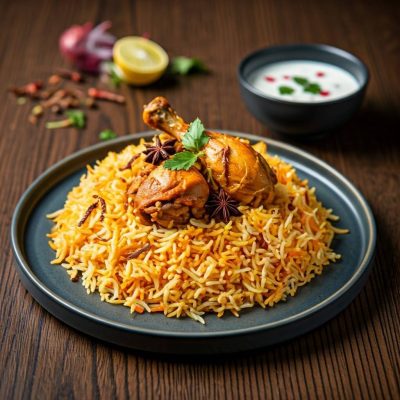 A plate of flavorful Chicken Biryani with basmati rice and spices