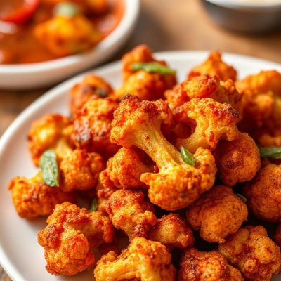 Crispy and spicy Cauliflower 65 served on a plate garnished with curry leaves and lemon wedges