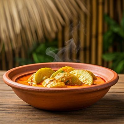 Goan-Style Bimbli Curry served with steamed rice in a bowl, showcasing its vibrant, tangy, and flavorful appearance.