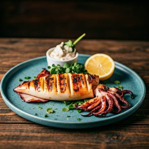 Grilled stuffed squid cooking on a charcoal grill