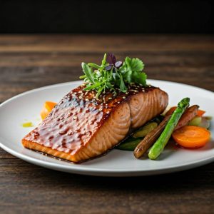 Tender kombucha braised salmon fillet garnished with fresh herbs