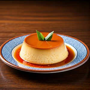 Creamy Filipino Leche Flan with caramel sauce on a white plate