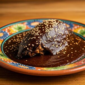 Traditional Mole Poblano Mexican sauce served over chicken garnished with sesame seeds