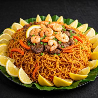 Authentic Pancit Bihon Filipino stir-fried rice noodles with chicken and vegetables