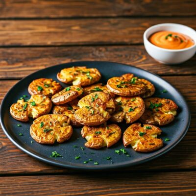Golden crispy smashed potatoes seasoned with herbs on a white plate