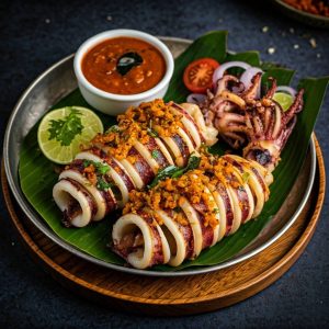 Grilled stuffed squid filled with savory masa and herbs, beautifully charred and served on a plate.