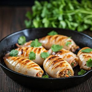 Spicy stuffed squid (Koonthal Nirachathu) served on a plate