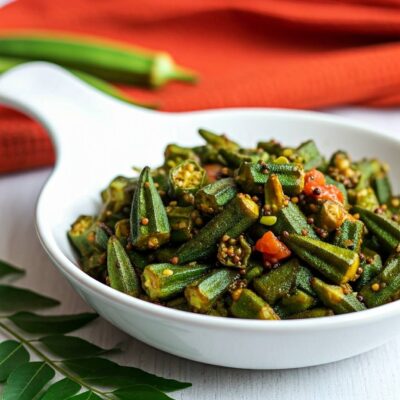 Kerala-style Vendakka Mezhukkupuratti (Okra Stir Fry) in a bowl