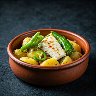 Aloo Paneer Chaat served in a rustic clay bowl garnished with green chilies and fresh coriander