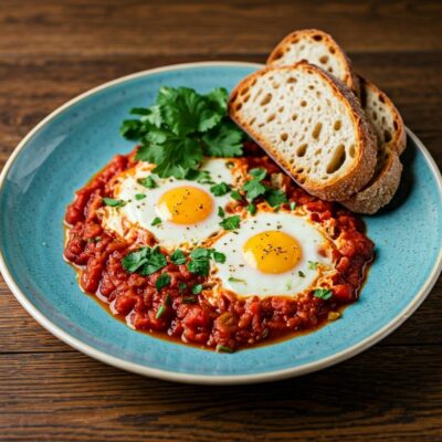 Shakshuka with poached eggs in spicy tomato sauce served in a skillet