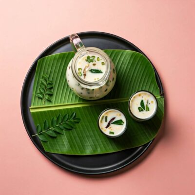 Refreshing buttermilk with green chili and ginger served in a traditional style.