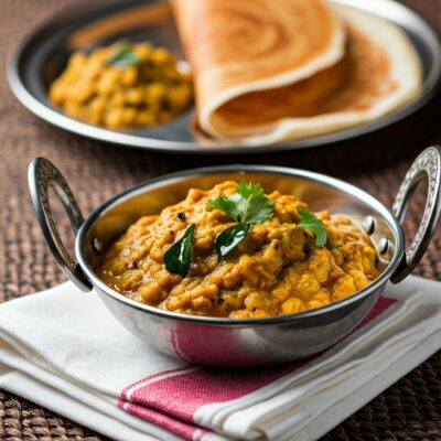 Vada Curry โ Crispy lentil fritters served in a spicy, flavorful South Indian gravy.