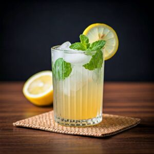 Refreshing Lemon Mint Cooler with ice, mint leaves, and lemon slices.