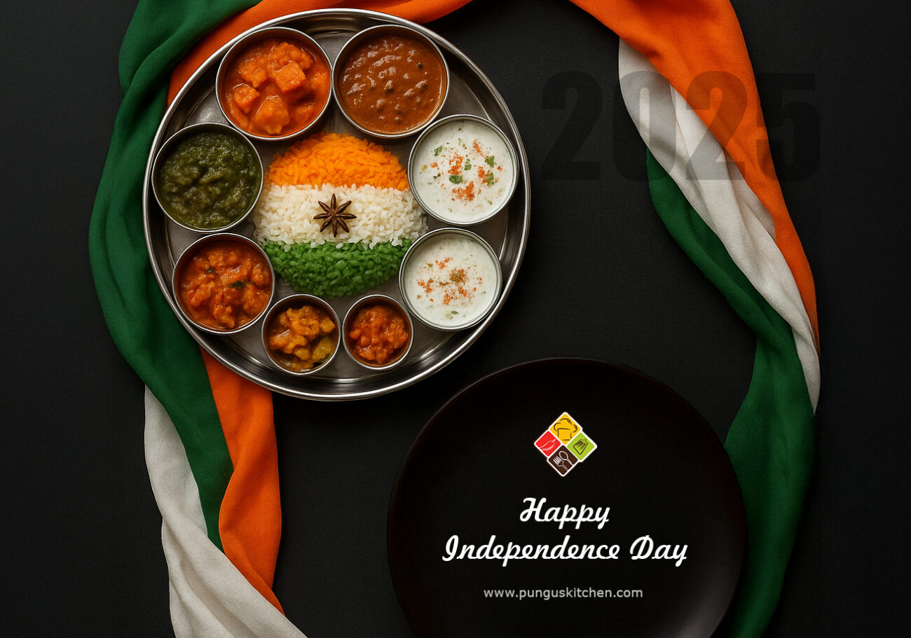 Indian Independence Day themed thali with Indian flag colors and traditional dishes