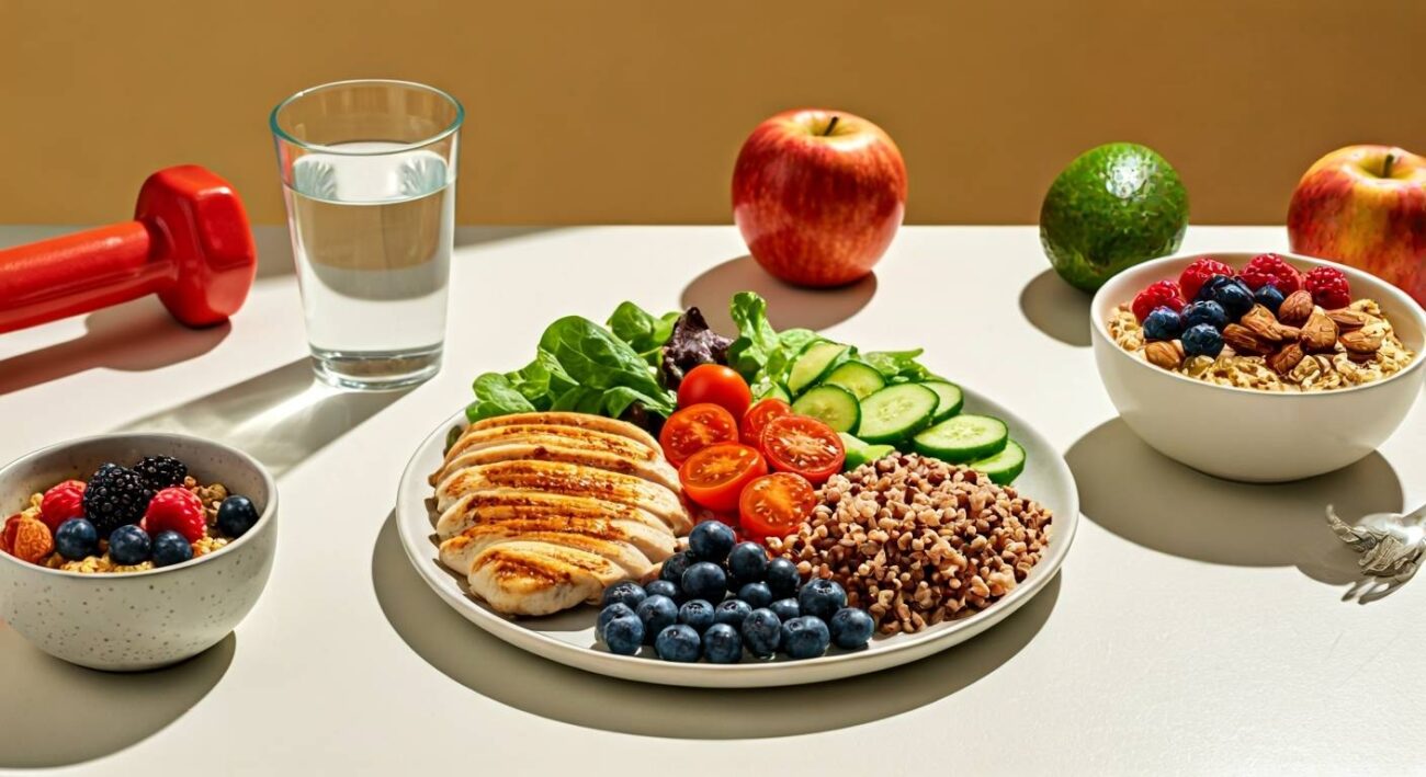 Balanced weight loss diet plate with grilled chicken, fresh vegetables, quinoa, and fruits