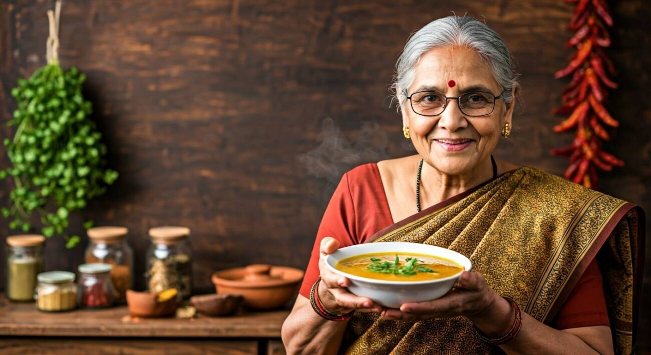 Elderly Indian grandmother in traditional saree holding a bowl of steaming dal in a cozy kitchen.