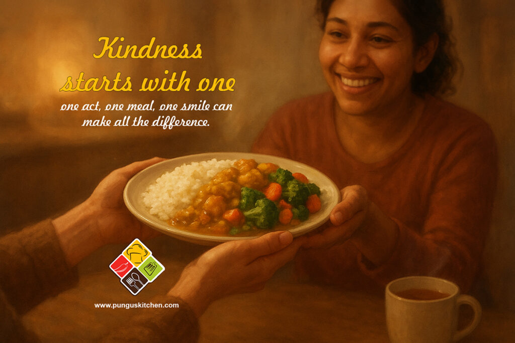 Person sharing a homemade meal with another, symbolizing kindness and helping someone