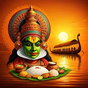 Kathakali face with Onam Sadya on banana leaf and snake boat at sunset in Kerala
