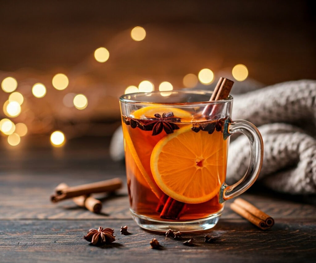Warm spiced apple cider in a glass mug with cinnamon stick and orange slice on a rustic table.