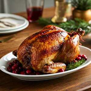 Spiced roast chicken glazed with a tangy cranberry sauce, served on a platter with fresh herbs.
