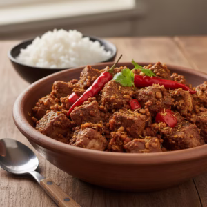 Rustic Naga-style semi-dry pork or beef dish cooked with fermented soybean (Axone), garnished with coriander, served in an earthen bowl.