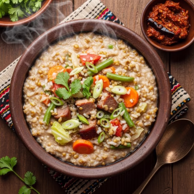 Traditional Naga-style Galho (Khichdi) in an earthen bowl with soft, porridge-like rice, vegetables, smoked pork, garnished with coriander and spring onions, served with Naga chili pickle.