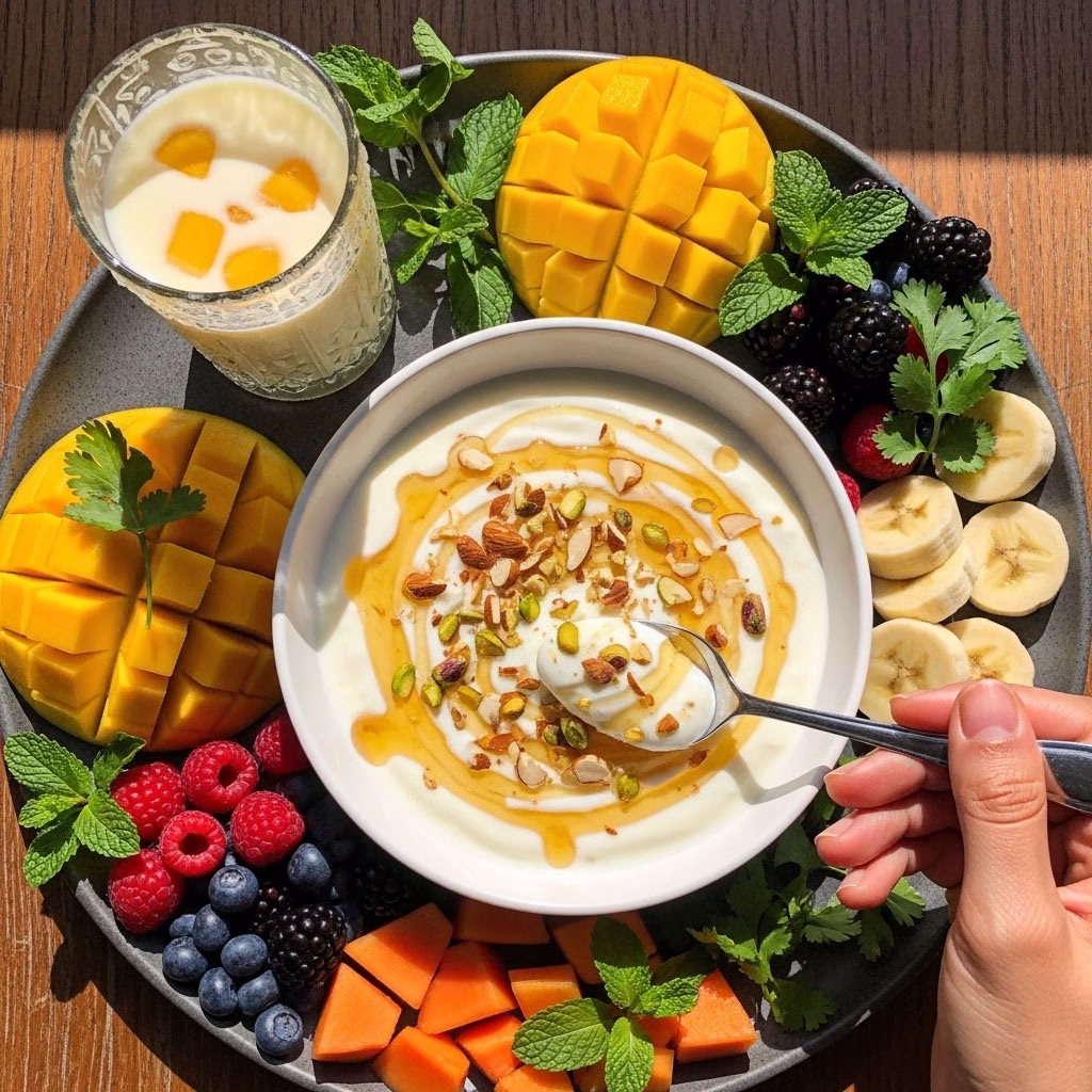 Top-down view of a healthy Indian breakfast featuring a bowl of plain curd with honey and nuts, surrounded by fruits and a glass of lassi.