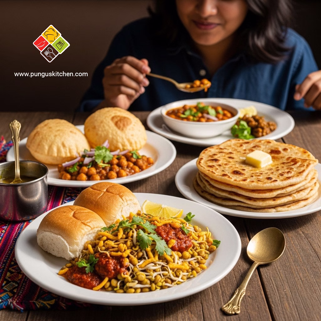 Indian breakfast featuring Misal Pav, Paratha, and Chole Bhature on a rustic table