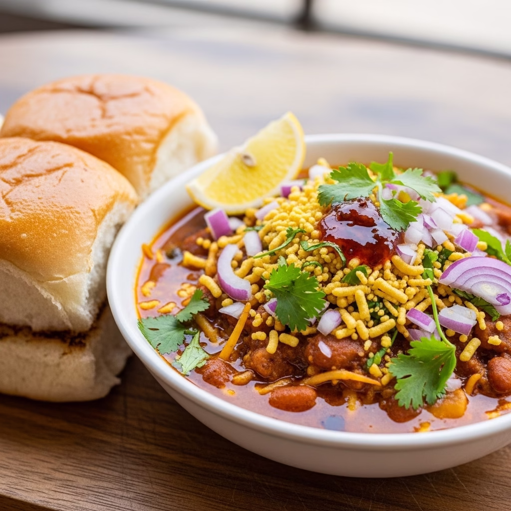Spicy Maharashtrian Misal Pav served with pav buns and farsan topping
