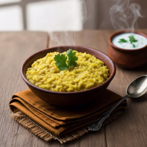 Steaming bowl of moong dal khichdi garnished with fresh coriander