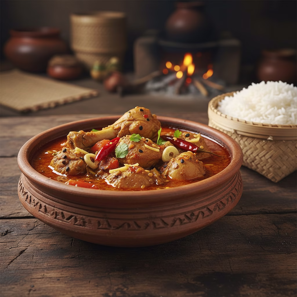 Naga Style Chicken Curry in an earthen bowl with tender chicken pieces, fiery Naga chilies, tomatoes, and fresh coriander garnish.