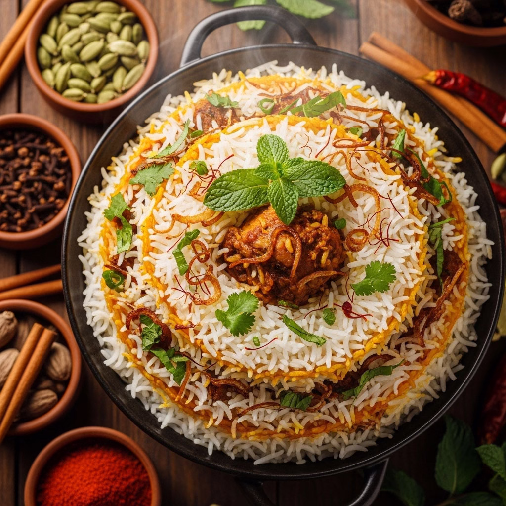 Perfect layered biryani with fluffy basmati rice, tender meat, saffron, fried onions, and fresh herbs.
