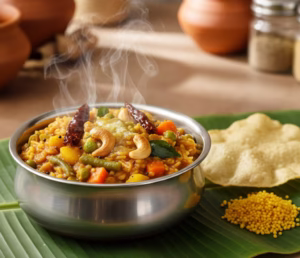 Bisi Bele Bath served in a steel bowl with vegetables, ghee, and roasted cashews, served with papad on the side