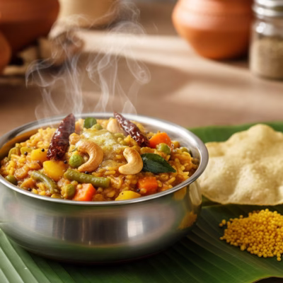 Bisi Bele Bath served in a steel bowl with vegetables, ghee, and roasted cashews, served with papad on the side