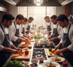 Indian and international chefs cooking together in a professional kitchen with fresh ingredients and vibrant dishes