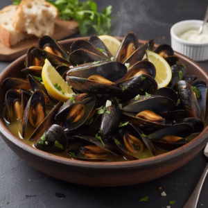 Steamed mussels served in a bowl with fresh herbs and lemon slices.