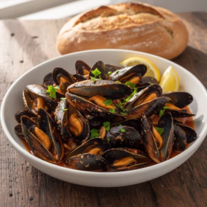 Overhead shot of Cozze alla Marinara in a white bowl with tomato garlic sauce, garnished with parsley and lemon wedges, served with crusty bread on the side