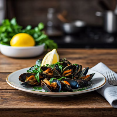 Side view of Cozze alla Marinara, showing mussels in tomato sauce ready to enjoy